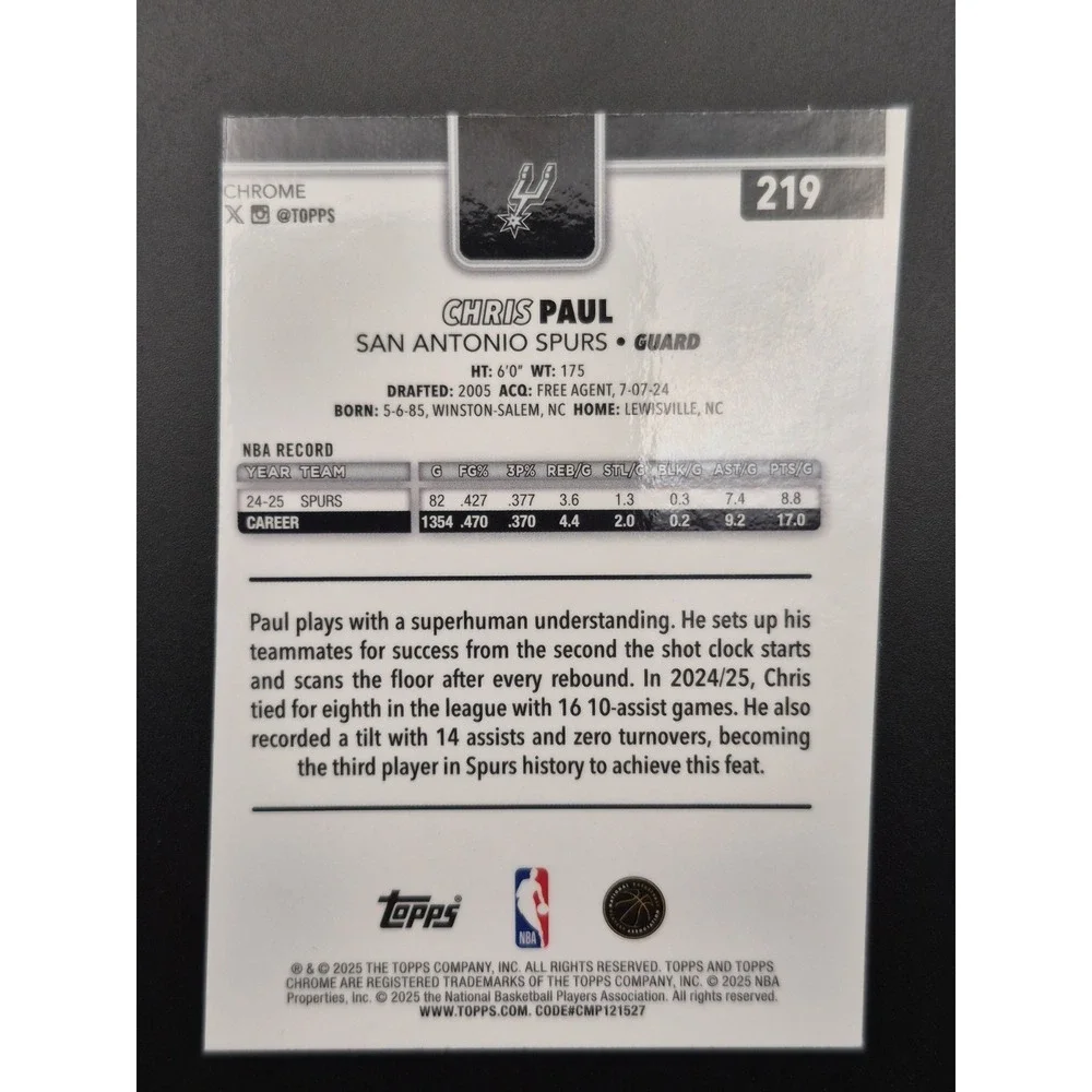 2025-26 Topps Chrome Chris Paul #219 Pulsar Refractor MISCUT RARE Spurs